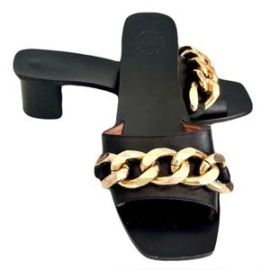 ATP Atelier Black Leather ‘Chiari’ Chunky Gold Chain Heeled Sandals, Size 39